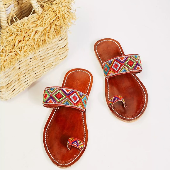 Free People Shoes - Free People Santorini Beaded Leather Sandal, Brown - Size 8